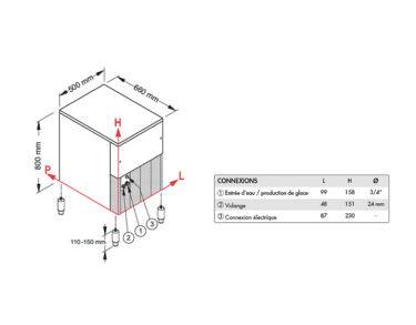 Machine à glace grains 105 kg/24h, réserve 30kg, condenseur air, pompe de vidange